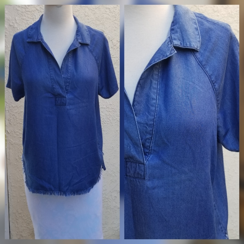 Velvet Heart Collar Blouse Blue Tencel Size S